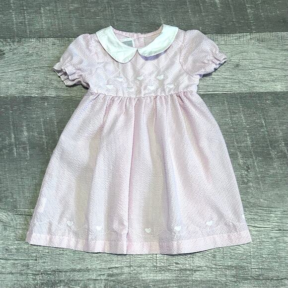 Lil Cactus Pink Stripe Seersucker Dress 2T Peter Pan Collar Heart Embroidery - Picture 1 of 7